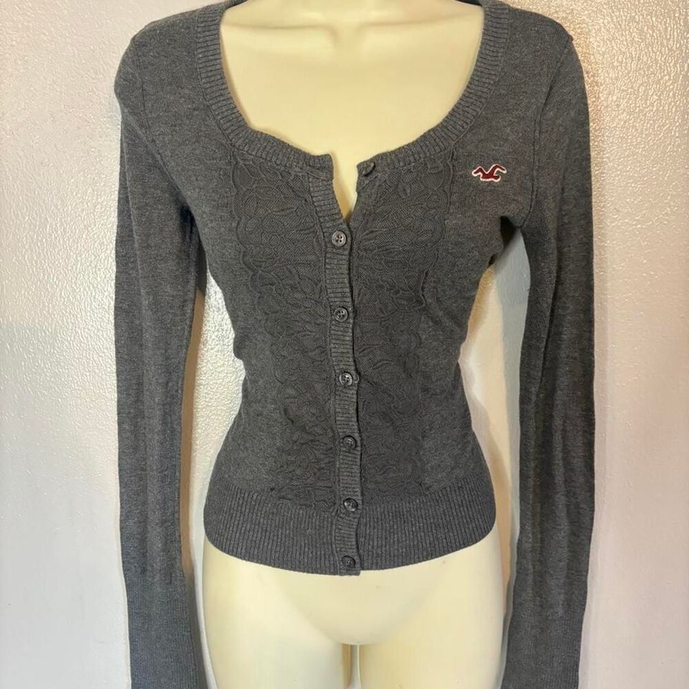 Y2K coquette Hollister Gray Lace Front Sweater Medium